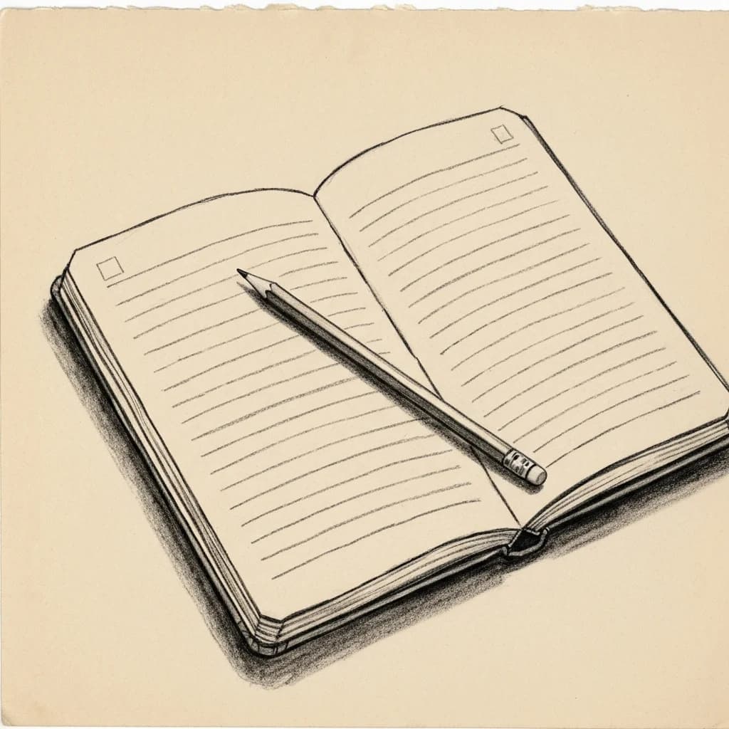Charcoal drawing of an open notebook with blank ruled pages and a pencil resting across them