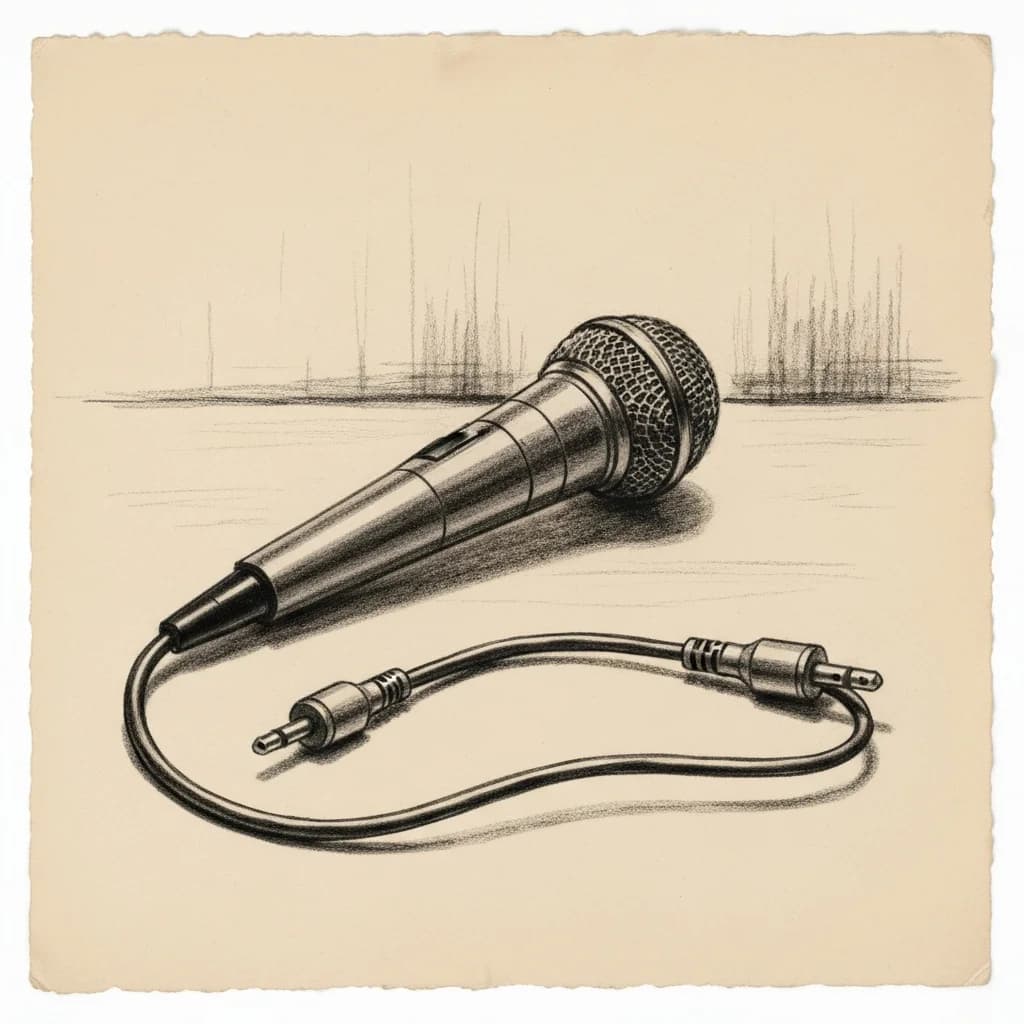 Charcoal drawing of a microphone lying on its side beside an unplugged cable