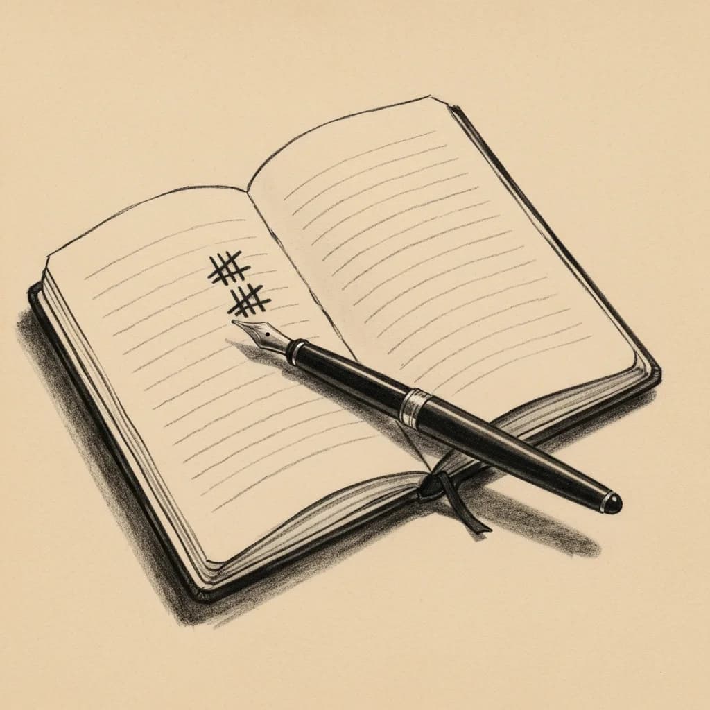 Charcoal drawing of an open notebook with tally marks and a fountain pen resting across the page