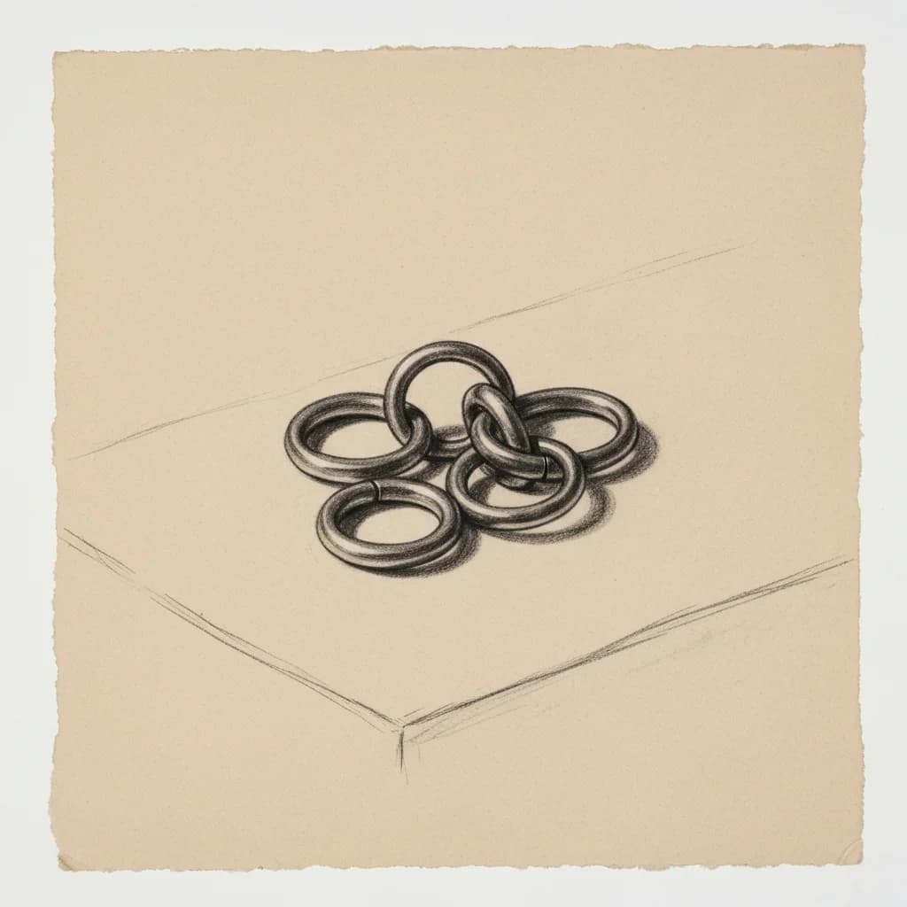Charcoal drawing of interconnected metal rings, some linked and some separate, on a flat surface