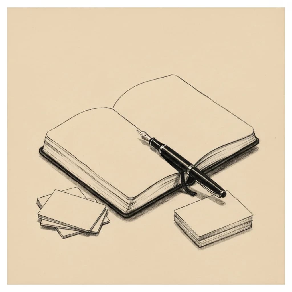 Charcoal drawing of an open blank notebook beside a small stack of plain cards with a fountain pen resting across the pages