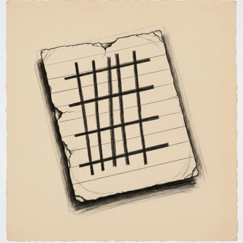 Charcoal drawing of a tally chart on lined paper with marks grouped in fives
