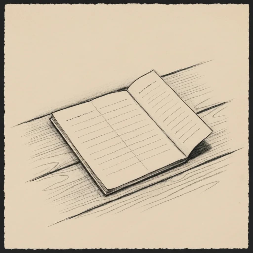 Charcoal drawing of a folded document resting on a wooden surface, partially open