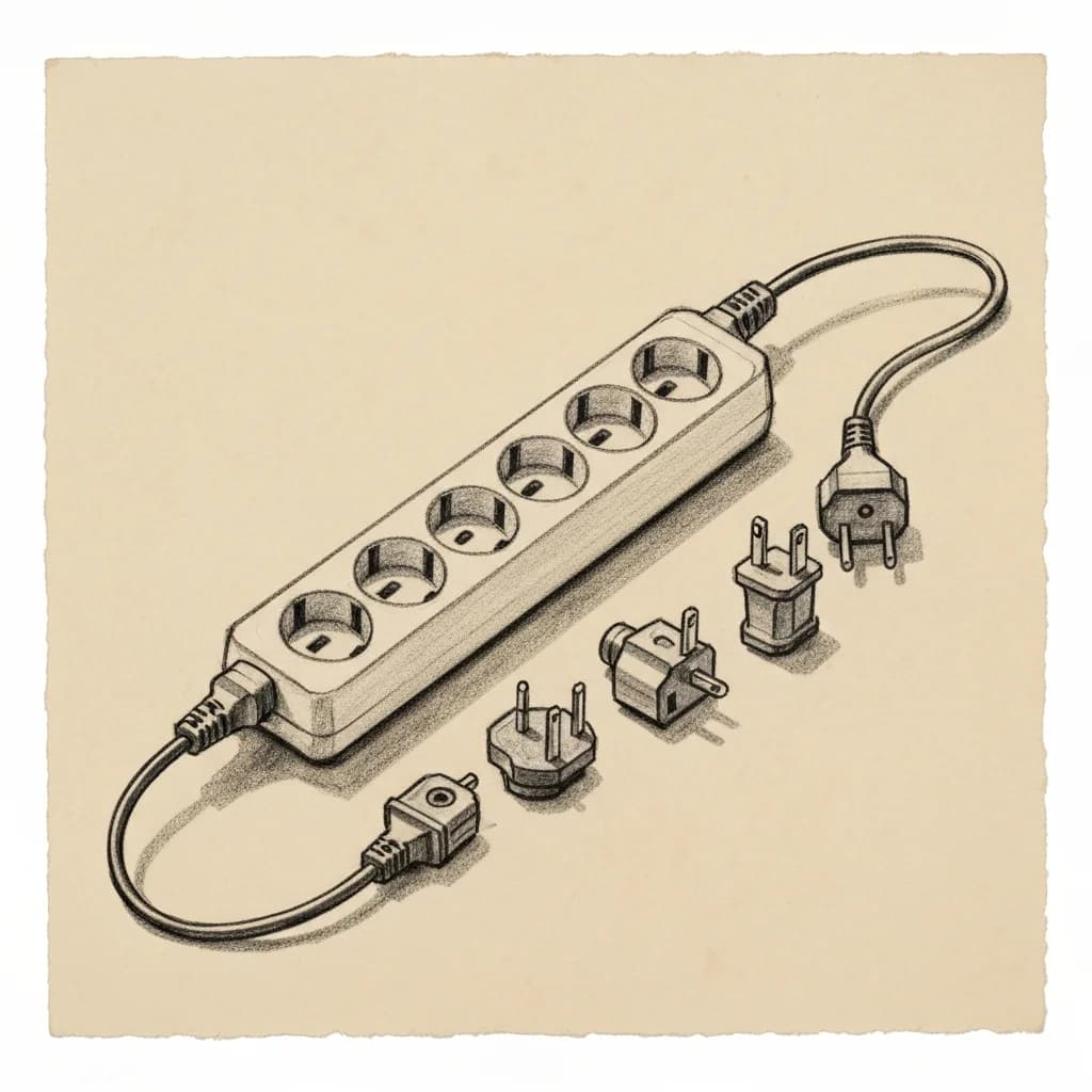 Charcoal drawing of a multi-socket power strip with several different plug types arranged beside it