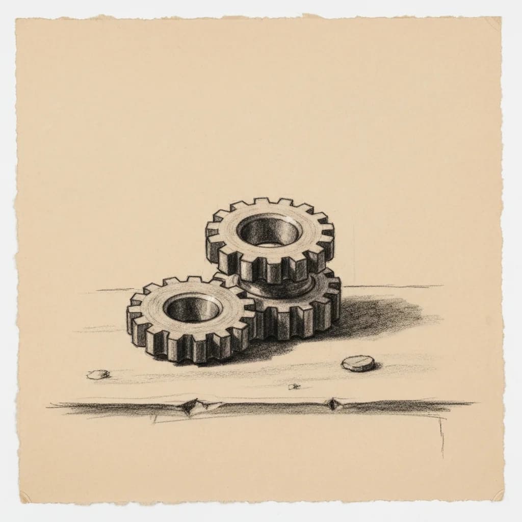 Charcoal drawing of three mechanical gears of different sizes stacked beside each other on a flat surface