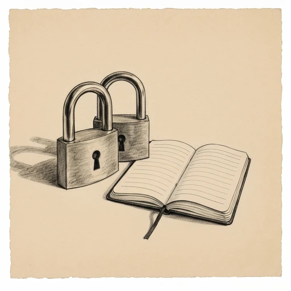 Charcoal drawing of padlocks arranged beside an open notebook with blank ruled pages