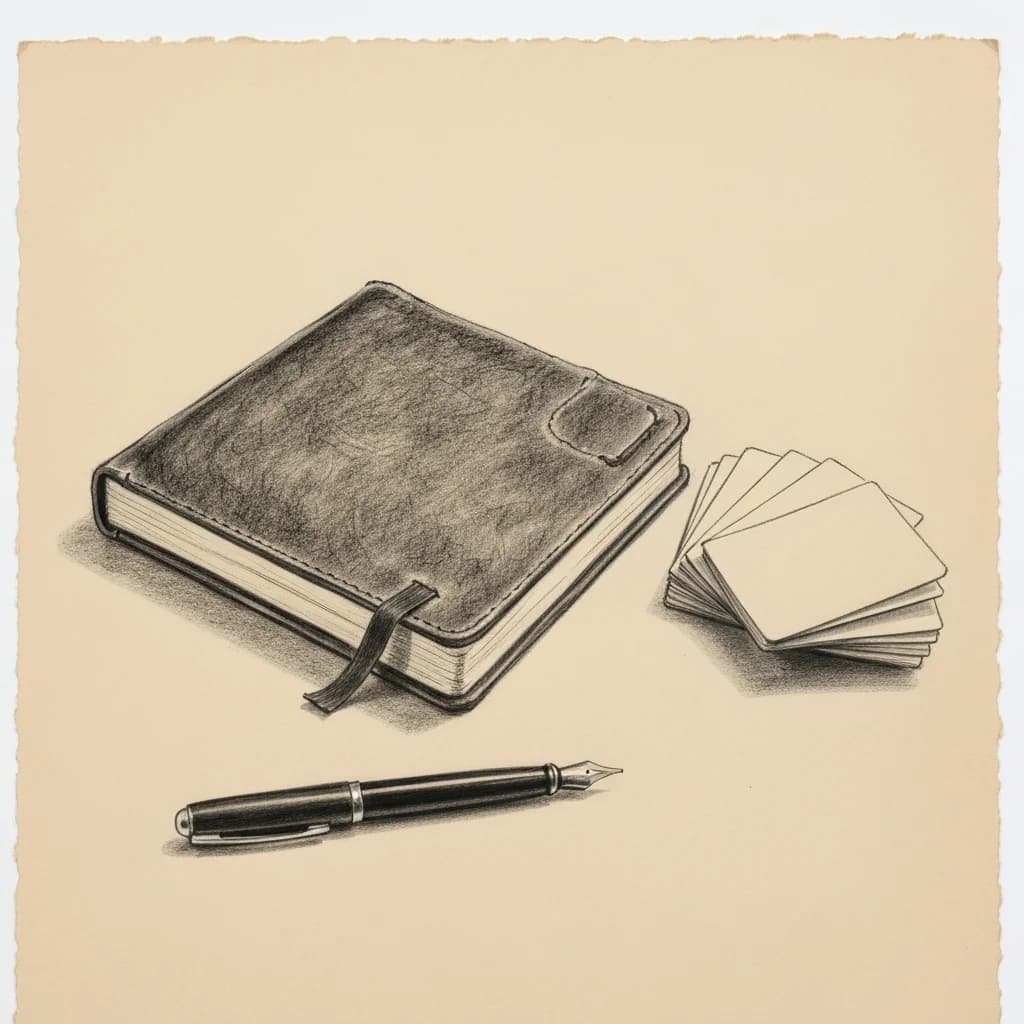 Charcoal drawing of an open leather notebook beside a fountain pen and fanned index cards