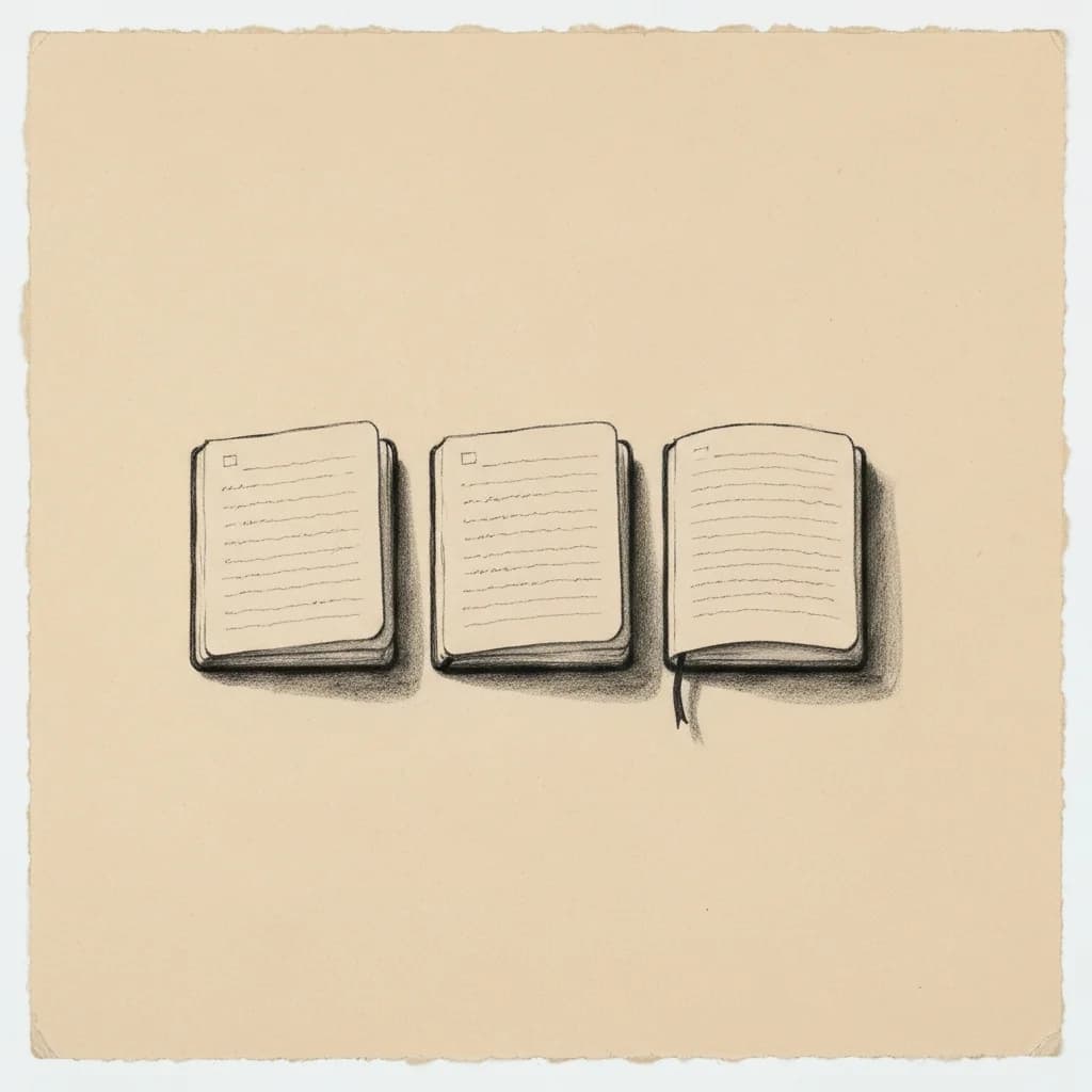 Charcoal drawing of three open notebooks arranged side by side