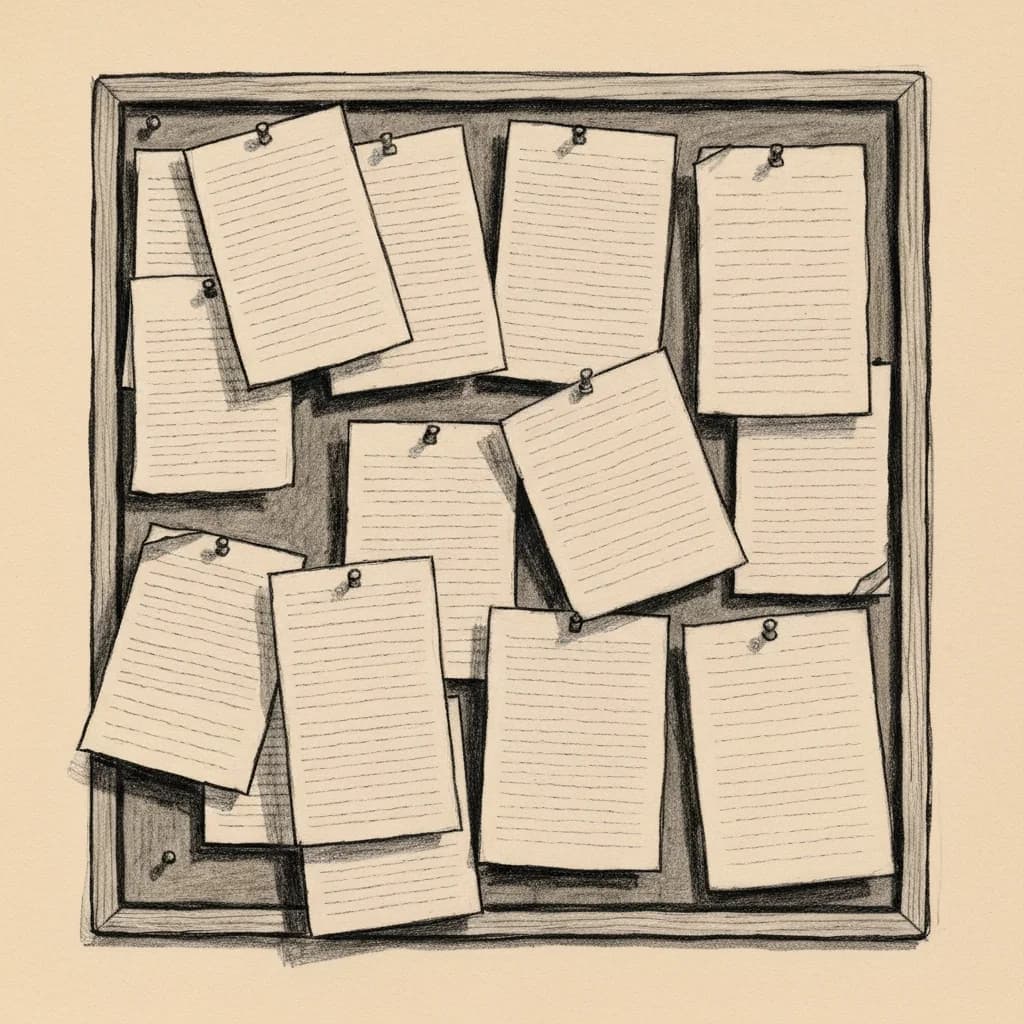Charcoal drawing of a bulletin board covered in rows of overlapping blank paper sheets pinned at various angles