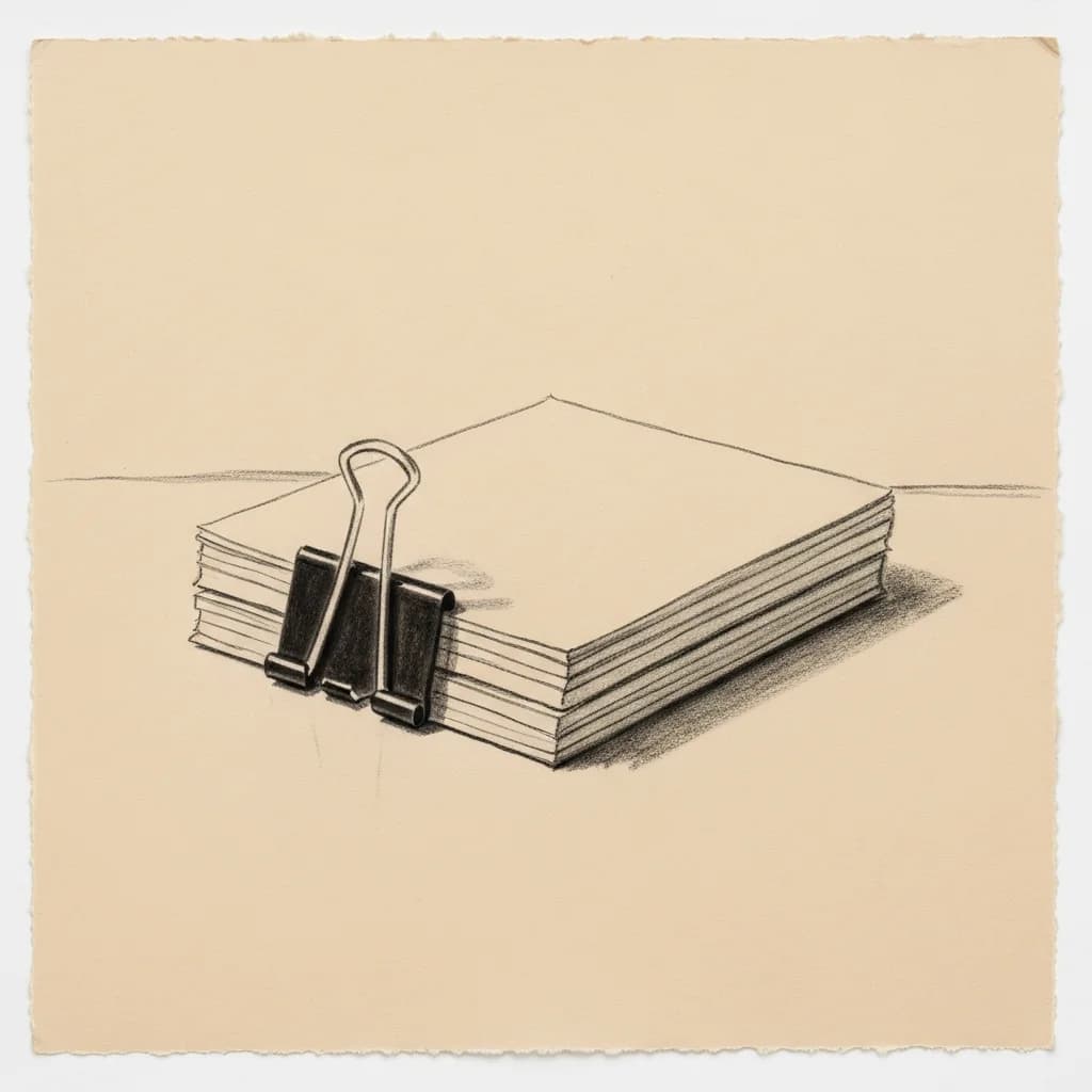 Charcoal drawing of a small stack of blank index cards clipped together on a flat surface