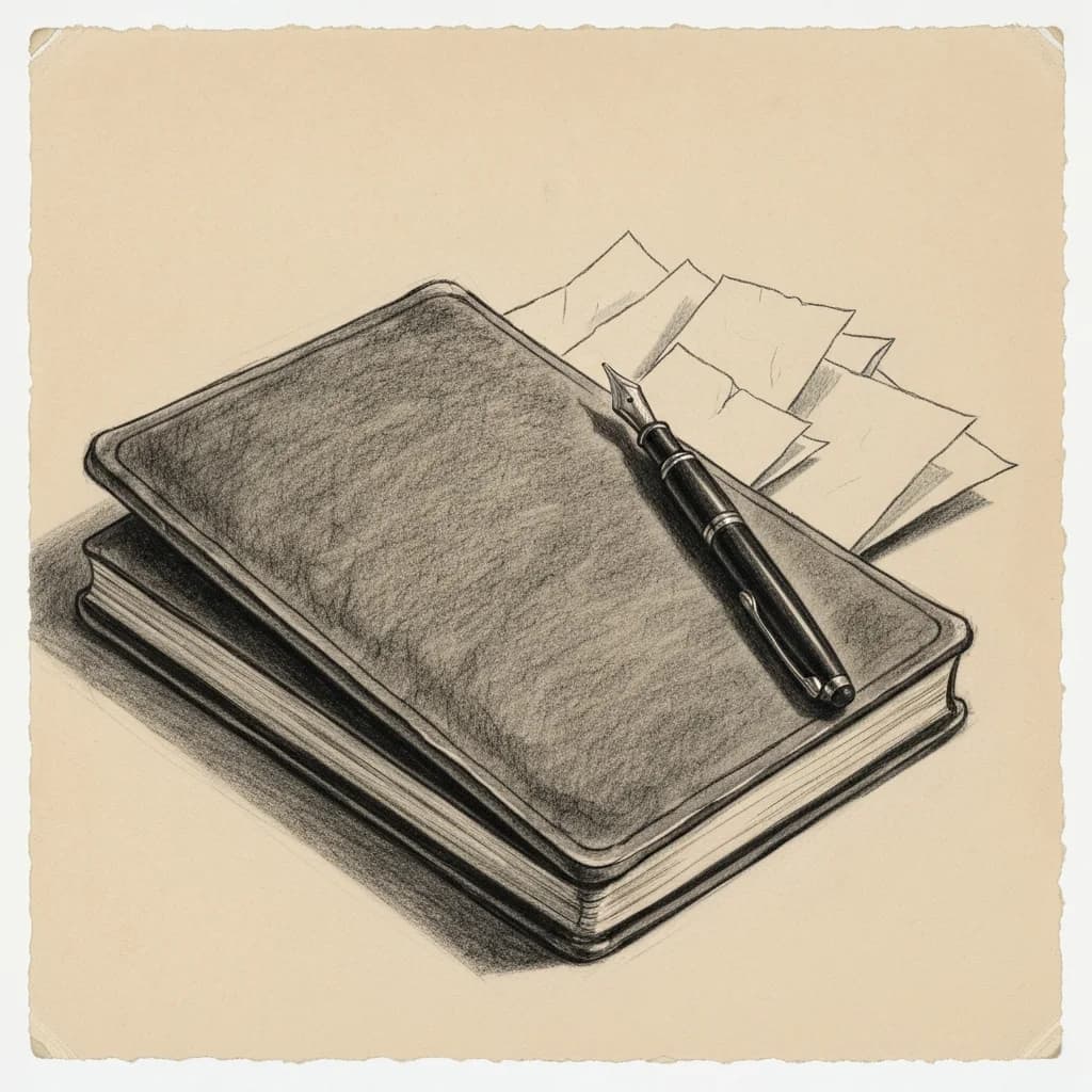 Charcoal drawing of an open leather notebook beside a fountain pen with folded notes tucked inside