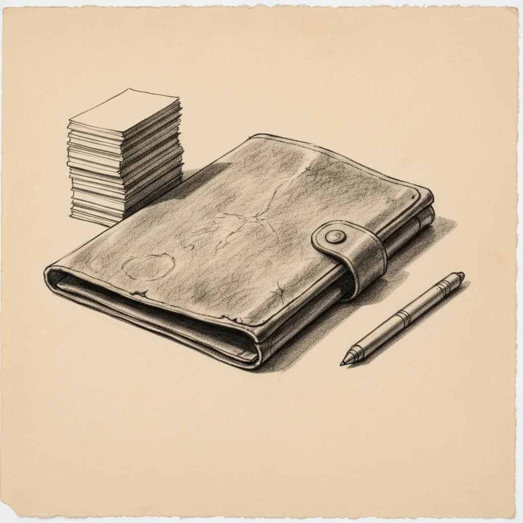 Charcoal drawing of an open leather portfolio beside two uneven stacks of index cards