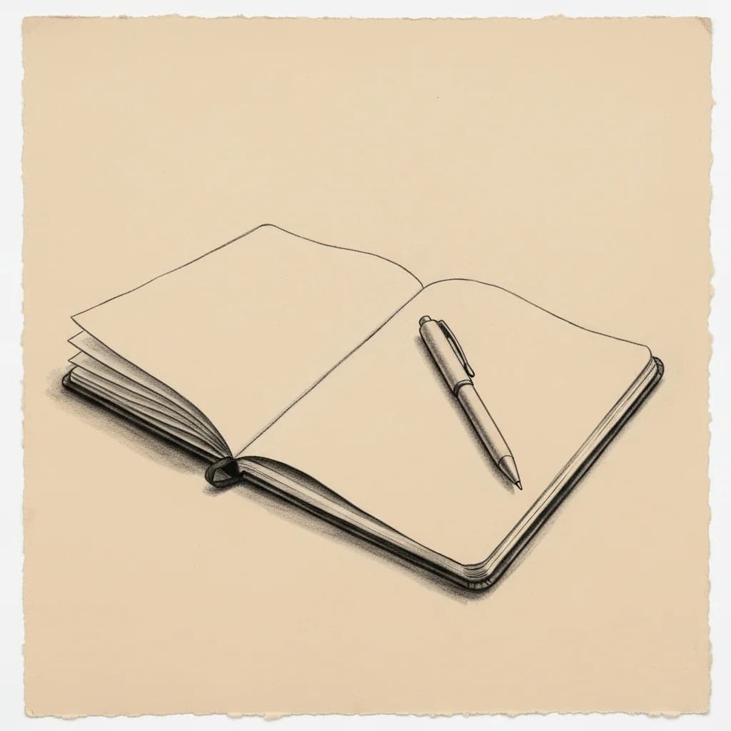 Charcoal drawing of blank folded paper sheets stacked beside an open empty notebook with a pen resting across it