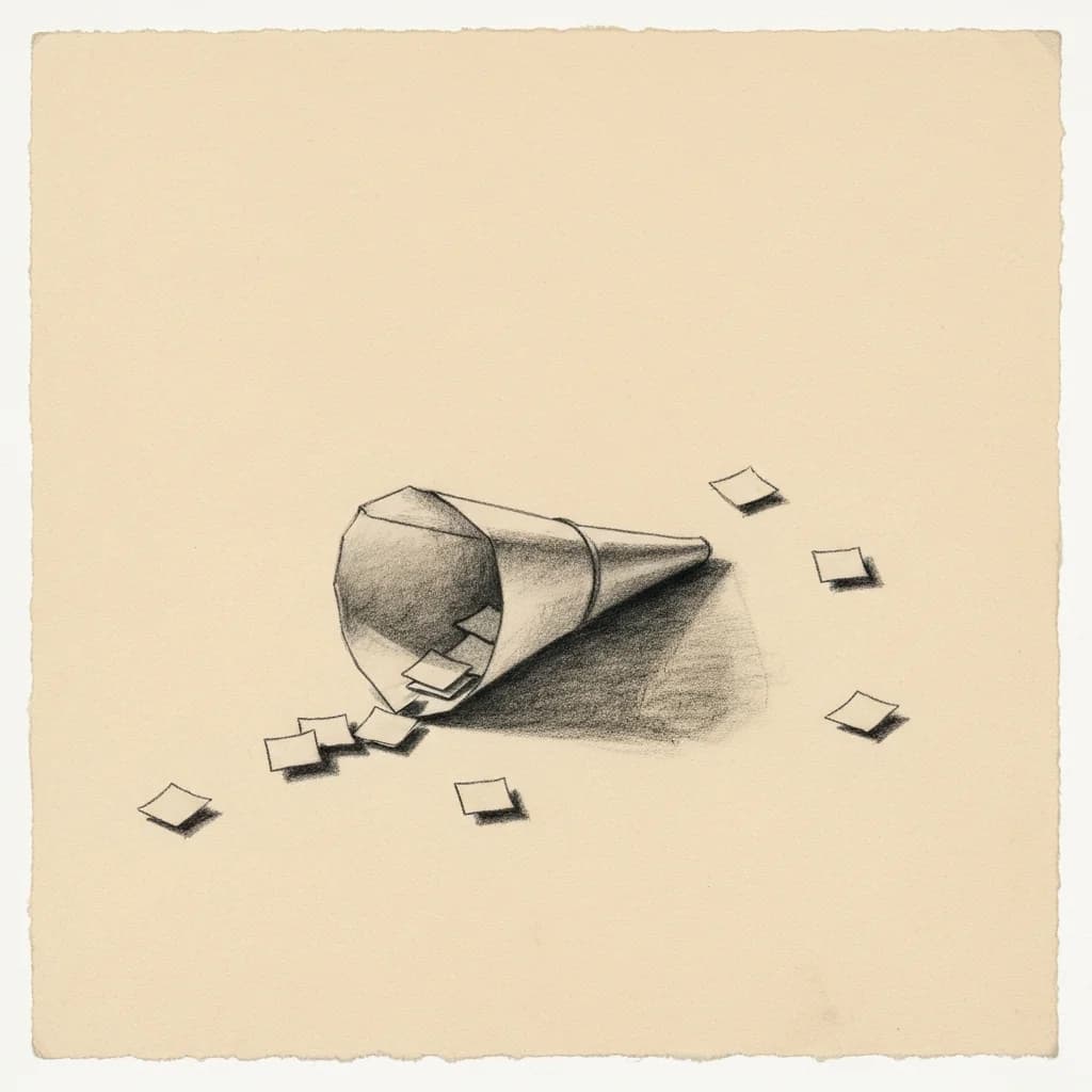 Charcoal drawing of a paper funnel with a few small squares passing through it and many scattered beside it