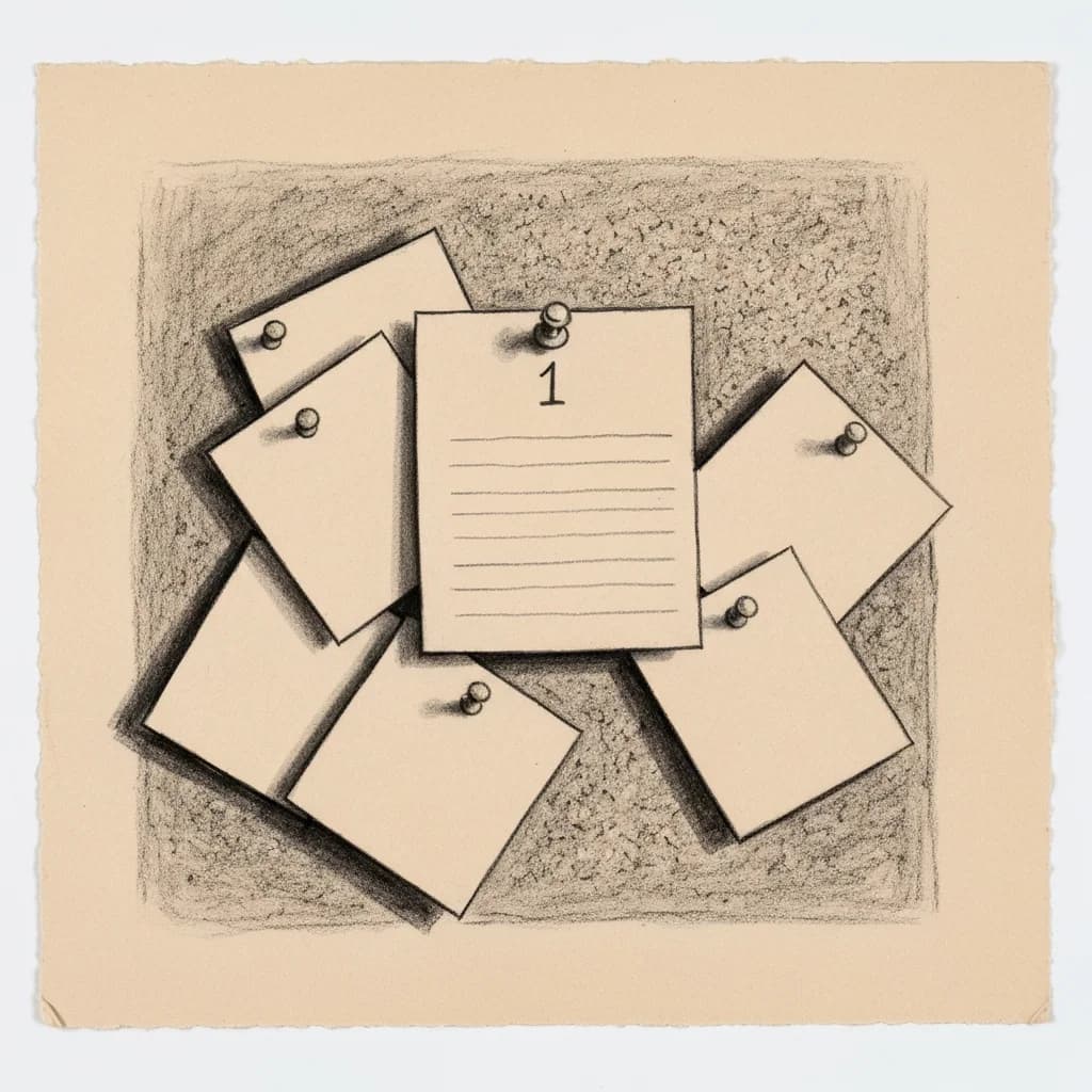 Charcoal drawing of a single index card pinned to a corkboard with blank cards scattered below