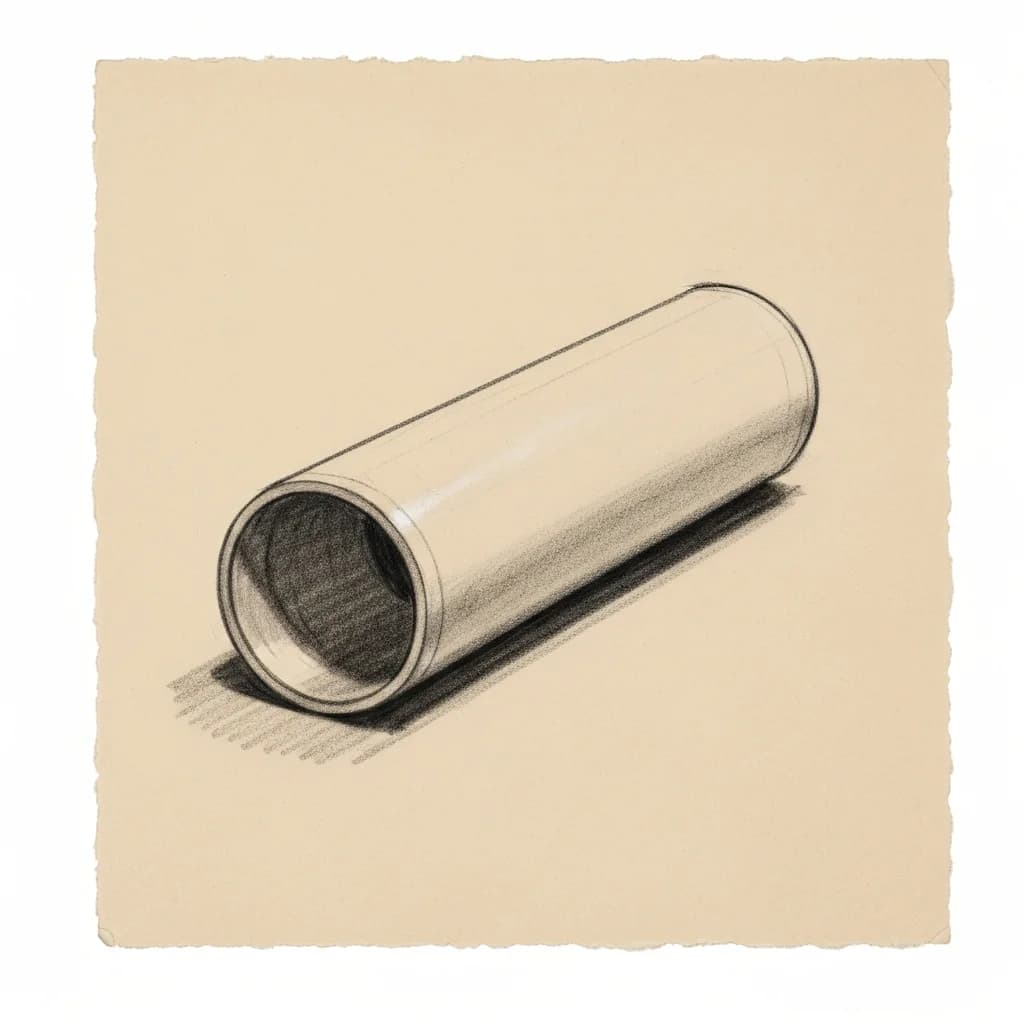 Charcoal drawing of a plain cylindrical tube lying on its side with a smooth blank surface