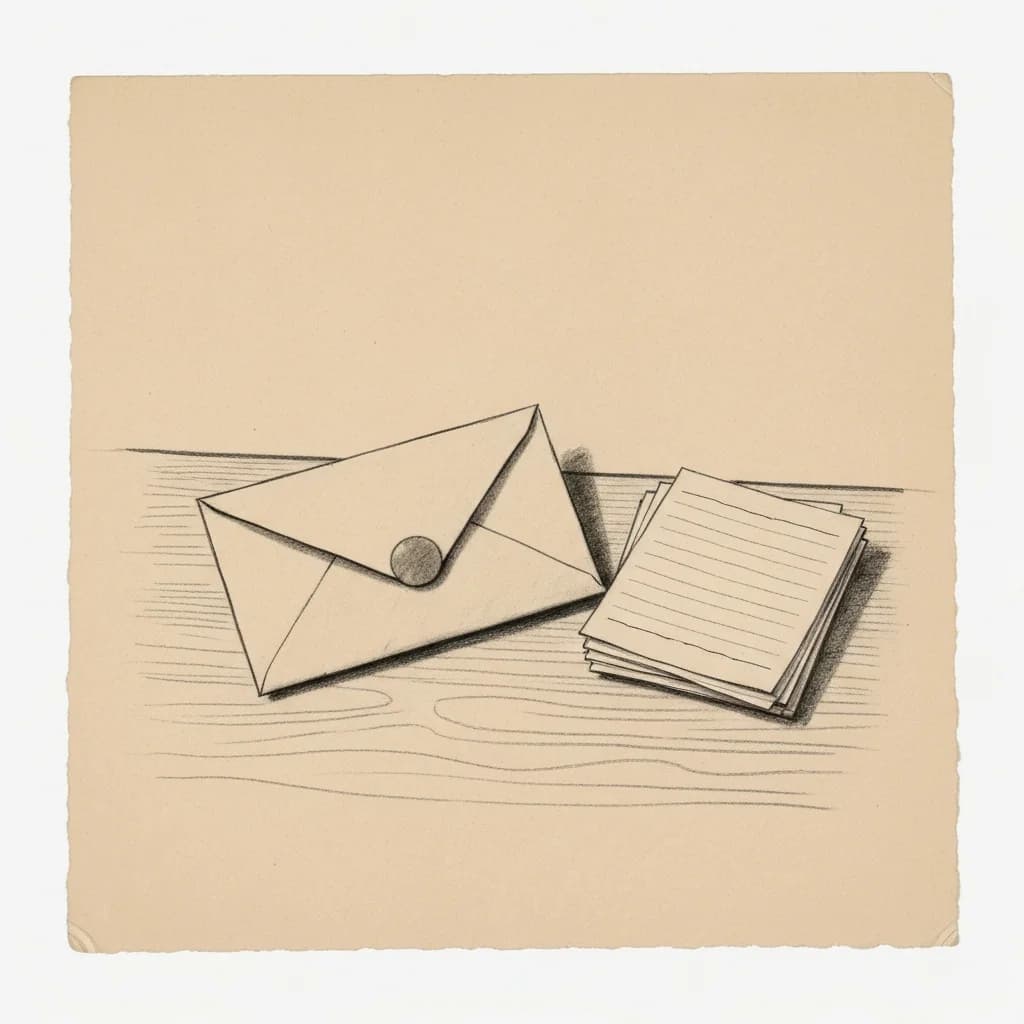 Charcoal drawing of a sealed envelope resting on a wooden surface beside a small stack of blank ruled papers