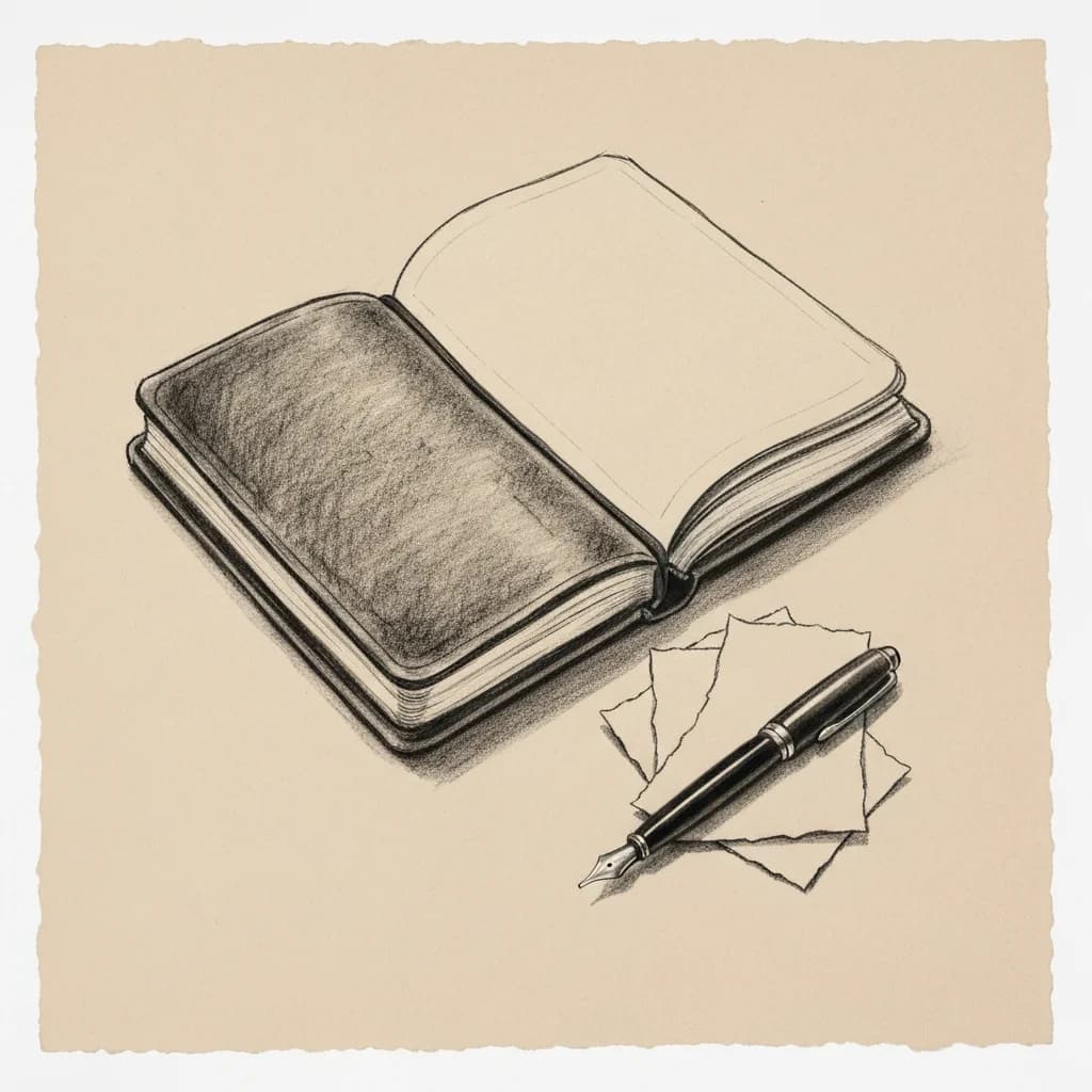Charcoal drawing of an open notebook beside blank torn paper slips and a fountain pen