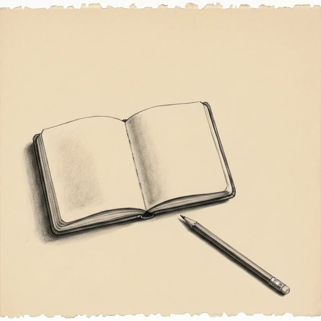 Charcoal drawing of an open blank notebook lying flat beside a worn pencil