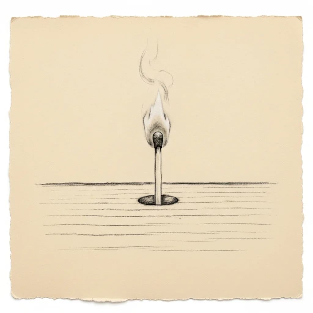 Charcoal drawing of a lit matchstick resting in a notch in a wooden surface
