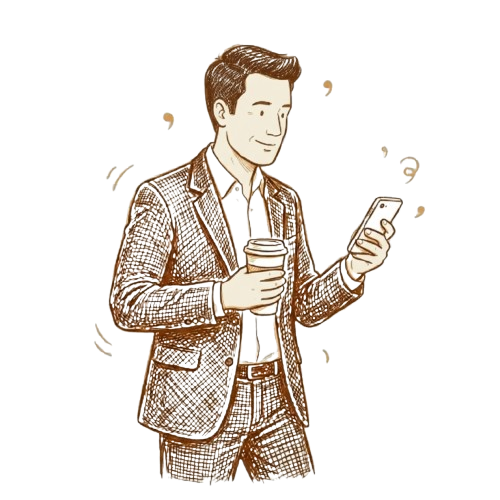 Professional checking phone with coffee