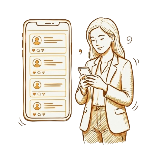 Woman holding phone showing curated feed