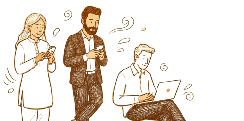 Professionals using phones and laptops